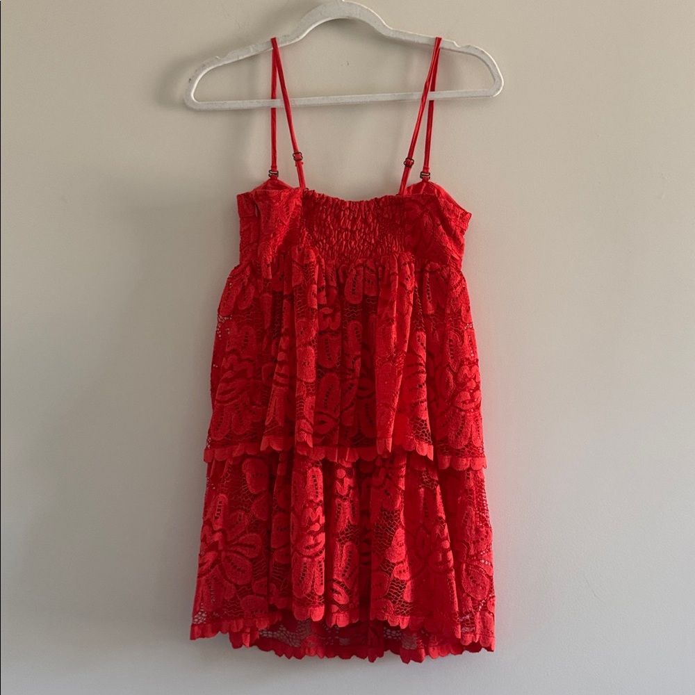 NWT Maeve Anthropologie Strapless Red Lace Tiered Mini Dress Size Small - Picture 10 of 15